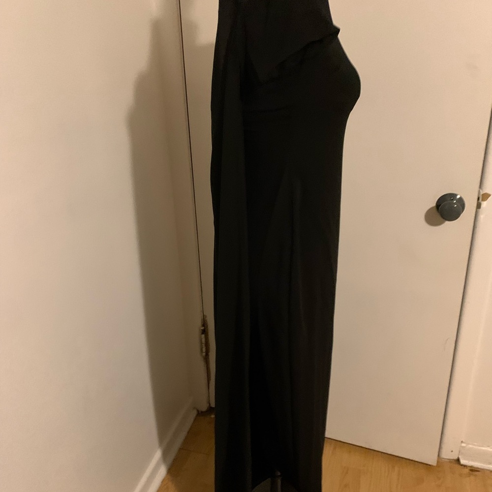 Black capped sleeve sheath dress with cape